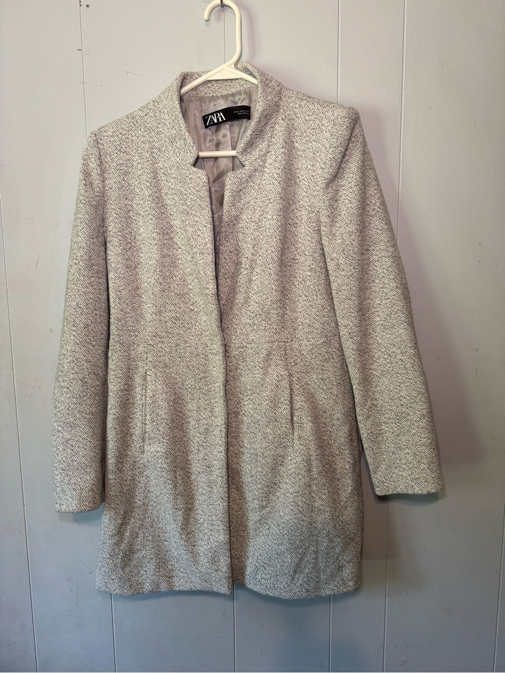 Zara Light Gray Tweed Collarless Pea Coat
